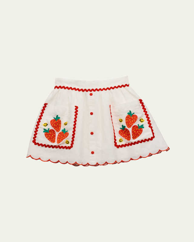Girl's Strawberry-Print Embroidered Skirt, Size 3-16